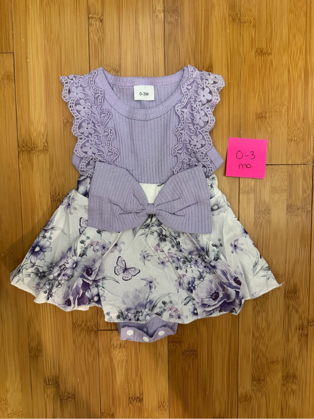 Lilac Floral Lace Baby Dress with Bow - 0-3M